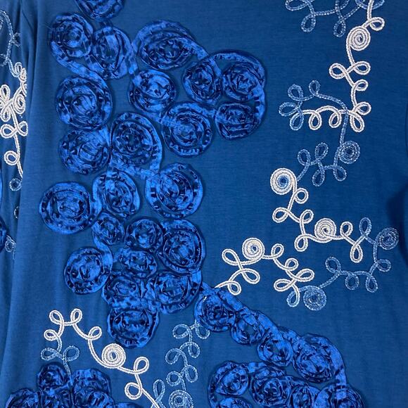 Nwot ONCE AGAIN Top M Blue Embroidery Silver Ribbon-Soutache-Floral Long-Sleeve - Picture 7 of 10